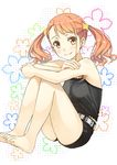  anjou_naruko ano_hi_mita_hana_no_namae_wo_bokutachi_wa_mada_shiranai. bare_legs barefoot belt bow feet highres orange_eyes orange_hair picshibu short_twintails shorts sitting skirt smile solo thighs twintails 