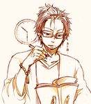  1boy adult ao_no_exorcist book bracelet clock earrings facial_hair frustrated glasses goatee grown hair_ornament hairclip jewelry male male_focus mechanical_pencil monochrome multicolored_hair older pencil reading ryuji_suguro solo suguro_ryuuji text two-tone_hair 