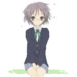  bad_id bad_pixiv_id blazer brown_eyes company_connection core_(mayomayo) cosplay glasses grey_hair jacket k-on! messy_hair nagato_yuki sakuragaoka_high_school_uniform school_uniform short_hair sitting solo suzumiya_haruhi_no_yuuutsu 