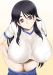  areolae bangs bent_over black_hair breasts covered_nipples fukiyose_seiri gigantic_breasts gradient gradient_background gym_shorts gym_uniform hanging_breasts head_tilt highres impossible_clothes impossible_shirt kutani large_areolae long_hair looking_at_viewer no_bra parted_bangs puffy_nipples pulled_by_self purple_eyes shirt short_sleeves shorts shorts_pull sidelocks solo thigh_gap to_aru_majutsu_no_index undressing very_long_hair yellow_background 