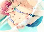  1girl areolae bare_shoulders dutch_angle grope inverted_nipples mizugi nipples oppai pink_hair pool pregnant red_eyes skinship_grope surprised tagme water wet 