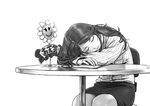  carina_(xiaowoo) chair flower greyscale highres long_hair miniskirt monochrome original sketch skirt sleeping solo table 