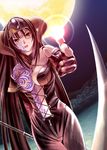  battle black_hair body_writing choker horns long_hair moon oppai orange_eyes scythe tattoo zipper 