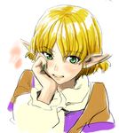  blonde_hair chin_rest face fang fingernails green_eyes mizuhashi_parsee pointy_ears scarf shiba_itsuki short_hair simple_background slit_pupils solo teeth touhou white_background 