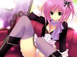  brown_eyes hair_ribbon original panties pantyshot pantyshot_(sitting) pink_hair purple_legwear ribbon scarf shindou_mikeko sitting solo thighhighs underwear white_panties 