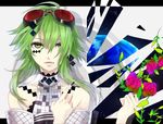  facial_mark flower goggles goggles_on_head green_eyes green_hair gumi kyou_zip nail_polish open_mouth red_flower red_rose rose short_hair solo vocaloid 