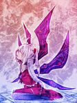  bare_shoulders capelet closed_eyes hair_bobbles hair_ornament highres long_hair magic_circle pantyhose purple_wings red_capelet saiho shinki side_ponytail silver_hair sitting solo touhou turtleneck very_long_hair wariza wings 