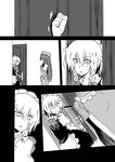  braid chinese_clothes comic directional_arrow door erection erection_under_clothes futanari greyscale hat hong_meiling izayoi_sakuya knocking maid maid_headdress monochrome multiple_girls penis seki_(red_shine) silent_comic touhou twin_braids 