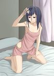  ano_hi_mita_hana_no_namae_wo_bokutachi_wa_mada_shiranai. bed black_hair blue_eyes camisole harmaline highres kneeling long_hair shorts sleepy solo tsurumi_chiriko 