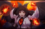  anime_coloring bow brown_hair cape dress_shirt eyes fire hair_bow kamabo_ko laughing letterboxed looking_at_viewer open_mouth orange_eyes reiuji_utsuho shirt short_sleeves solo touhou upper_body wings 