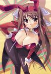  absurdres animal_ears bell blush breasts brown_hair bunny_ears bunnysuit character_request cleavage copyright_request covered_nipples fake_animal_ears hand_on_hip highres large_breasts leaning_forward long_hair long_sleeves pantyhose red_eyes shinozuka_atsuto smile solo 