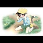  bag blush cat_tail flower fuji-k grass hat kemonomimi nekomimi school_uniform shoes short_hair sitting skirt socks tail 