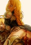  1girl agrias_oaks ahoge anus armor ass ass_grab blonde_hair bottomless braid branch_(blackrabbits) clothed_sex cowgirl_position drooling final_fantasy final_fantasy_tactics from_behind gauntlets girl_on_top greaves guided_penetration hetero imminent_sex imminent_vaginal long_hair looking_back no_panties open_mouth pauldrons penis pussy ramza_beoulve smile spikes straddling uncensored 