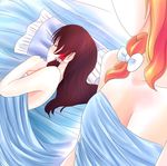  asaca-yamashimo bad_id bad_pixiv_id bed_sheet blanket blonde_hair brown_hair closed_eyes hair_tubes hakurei_reimu kirisame_marisa long_hair lying multiple_girls naked_sheet nude pillow sleeping touhou under_covers 