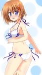  ass bikini blue_eyes blush breasts brown_hair butt_crack front-tie_top hair_ornament highres lask looking_back lyrical_nanoha mahou_shoujo_lyrical_nanoha_strikers medium_breasts short_hair side-tie_bikini sideboob solo swimsuit x_hair_ornament yagami_hayate 