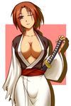  baiken breasts center_opening cleavage face_paint guilty_gear huge_breasts long_hair pink_hair pixiv_thumbnail red_eyes resized scar solo sword umenotirigiwa weapon 