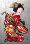  animal_ears blue_eyes fox_ears fudegamijp highres japanese_clothes kimono mouse original red_kimono solo 