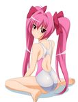  absurdres ahoge ass back bangs bare_shoulders barefoot blush bow competition_swimsuit di_gi_charat expressionless feet flat_chest from_side full_body hair_between_eyes hair_bow hair_intakes highres legs long_hair looking_at_viewer looking_back low_twintails one-piece_swimsuit pink_hair red_eyes shadow simple_background sitting soles solo spread_legs sugimura_tomokazu swimsuit twintails usada_hikaru very_long_hair wariza white_background 
