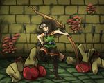  arrow boots bow_(weapon) braid brown_eyes cloak dragon's_crown elf_(dragon's_crown) hood monster mushroom shorts solo thigh_boots thighhighs twin_braids weapon 
