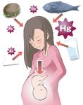  1girl arrow baby black_hair blush burger cigarette cup eyes_closed fish food glass hamburger lettuce long_hair lowres pregnant see_through tagme toxicwaste water 