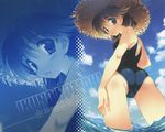  blue_eyes blush brown_hair in_water komaki_ikuno mizugi sky standing straw_hat sukumizu tagme to_heart to_heart_2 wallpaper water 