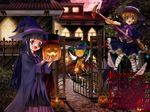  2girls calendar_(medium) cardcaptor_sakura daidouji_tomoyo fuuin_no_tsue gloves halloween hat jack-o'-lantern kero kinomoto_sakura knife magical_girl multiple_girls mutsuki_(moonknives) november pumpkin purple_hat striped striped_legwear witch witch_hat yellow_gloves 