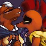  blush breasts female houndoom kayla-na licking mel_the_hybrid nintendo nipples open_mouth pinching pok&#233;mon pok&eacute;mon scrafty tongue tongue_out video_games 