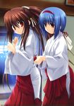  absurdres belt blue_hair brown_eyes hair_ribbon highres huge_filesize indoors japanese_clothes little_busters! long_hair miko multiple_girls na-ga natsume_rin nishizono_mio ponytail red_eyes ribbon white_ribbon 