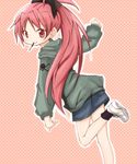  aoki_ume bow colorized doujinshi dutch_angle food hair_bow highres hood hoodie leg_lift long_hair looking_back mahou_shoujo_madoka_magica mouth_hold non-web_source pocky polka_dot polka_dot_background ponytail red_eyes red_hair ribbon sakura_kyouko skull skull_and_crossbones solo standing standing_on_one_leg 