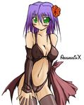  arm_warmers ass_visible_through_thighs assassin_(ragnarok_online) bare_shoulders breasts brown_legwear brown_leotard center_opening character_name cleavage collarbone cowboy_shot eyebrows_visible_through_hair flower green_eyes hair_between_eyes hibiscus kaminagi_(kaminagi-tei) leotard long_hair looking_at_viewer medium_breasts navel no_pupils purple_hair ragnarok_online solo standing stomach striped tareme thighhighs vertical_stripes 