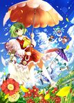  &gt;_&lt; animal_ears ascot blonde_hair blue_eyes blue_hair blush cirno closed_eyes cloud day dress dutch_angle field flower flower_field green_hair hat highres karakasa_obake kazami_yuuka kochiya_sanae long_hair multiple_girls mystia_lorelei parasol petals pink_hair plaid plaid_skirt plaid_vest red_eyes ribbon role_reversal rumia short_hair skirt skirt_set sky smile tatara_kogasa tongue touhou trait_connection umbrella usuusu vest wings yakumo_yukari 