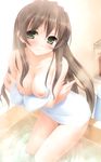  absurdres bath bathing blush breast_hold breasts brown_hair cleavage collarbone green_eyes highres indoors itou_hinako kantoku long_hair looking_at_viewer medium_breasts naked_towel natsu_no_ame nipples nude partially_submerged sitting smile solo steam towel water 