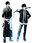  ao_no_exorcist bad_id bad_pixiv_id black_hair brothers glasses gun kashimaa male_focus multiple_boys okumura_rin okumura_yukio pointy_ears siblings simple_background sword weapon 