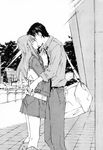  bag belt blush boots closed_eyes comic denim duffel_bag greyscale handbag highres hug ikeda_yoshinori kiss knee_boots kneepits long_hair long_sleeves male_focus miyano_tomochika monochrome multiple_boys necktie non-web_source otoko_no_ko outdoors pants scan short_hair skirt takatsuki_wataru yaoi yubisaki_milk_tea 