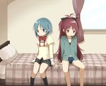  bare_legs bed blue_eyes blue_hair blush brown_eyes curtains food hair_ornament hairclip long_hair mahou_shoujo_madoka_magica miki_sayaka mitakihara_school_uniform multiple_girls navel pillow pocky ponytail red_hair sakura_kyouko satoimoya school_uniform short_hair shorts sitting window 