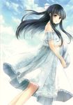  :d absurdres bare_shoulders black_hair copyright_request dress grey_eyes hagiwara_rin hair_ribbon hat highres long_hair looking_back open_mouth ribbon sky smile solo sun_hat sundress 