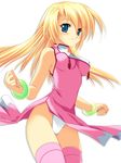  blonde_hair blue_eyes blush bracelet breasts character_request china_dress chinese_clothes copyright_request covered_nipples dress duplicate impossible_clothes impossible_shirt jewelry kinoshita_ichi long_hair medium_breasts panties pantyshot pantyshot_(standing) pelvic_curtain pink_dress pink_legwear shirt smile solo standing thighhighs underwear white_panties wind wind_lift 
