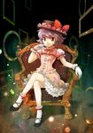  absurdres adapted_costume alternate_costume chair crossed_legs dress finger_to_mouth gloves hat highres kawasemi_(pocorit) porkpie_hat purple_hair red_eyes remilia_scarlet short_hair sitting smile solo touhou 