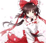  bow cherry_blossoms detached_sleeves hair_bow hakurei_reimu long_hair looking_at_viewer mouth_hold petals smile solo touhou tucana 