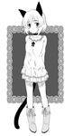  animal_ears arms_behind_back blush boots casual cat_ears cat_tail dress greyscale kyougoku_shin monochrome open_mouth sanya_v_litvyak short_hair solo strike_witches tail world_witches_series 