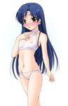  blue_hair blush bra breasts earrings idolmaster idolmaster_(classic) idolmaster_live_for_you! jewelry kisaragi_chihaya long_hair lowleg lowleg_panties narutaki_shin nipples panties see-through small_breasts solo underwear underwear_only yellow_eyes 