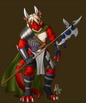  cape claws dragon ear_piercing earring ears hair halberd horn horns kittydee legwear loincloth male muscles pauldron piercing polearm red red_body scale_armor scalie shoulder_armor solo tail thorphax toeless_socks underwear warrior 