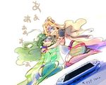  2girls blonde_hair blue_eyes bridal_gauntlets cape female final_fantasy final_fantasy_iv green_hair hair_bun leotard long_hair lowres mizukumohouse multiple_girls open_mouth playstation_portable psp purple_eyes rosa_farrell rydia shoulder_pads sitting thighhighs tiara 