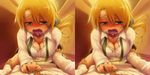  1girl blonde_hair blush bow breasts breath cleavage clothed_sex cowgirl_position fang girl_on_top green_eyes hair_bow hairu hetero kuroi_nanako lucky_star medium_breasts open_mouth orgasm ponytail pov sex solo_focus stereogram straddling sweat untied 