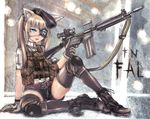  bell belt beret black_thighhighs blonde blue_eyes boots brown_hair eyepatch fn_fal gloves gun hat inumimi kemonomimi necklace nekomimi shirt shorts sitting tactical_clothing thighhighs twin_tails vest wolf_ears 