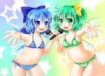  bikini blue_eyes blue_hair cirno daiyousei foreshortening green_eyes green_hair highres microphone multiple_girls rena_(riries) short_hair striped striped_bikini striped_swimsuit swimsuit touhou wings 