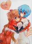  ayanami_rei bad_id bad_pixiv_id blue_eyes blue_hair bodysuit hair_ornament heart hug kanna_irori marker_(medium) multiple_girls neon_genesis_evangelion orange_hair plugsuit red_eyes smile souryuu_asuka_langley traditional_media white_bodysuit 