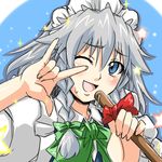  blue_eyes bow braid hair_bow hair_ribbon izayoi_sakuya maid maid_headdress mop open_mouth ribbon silver_hair smile star tagme tajima_yuuki touhou twin_braids wink 