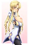 blonde_hair blue_eyes blush breast_hold breasts highres kazumu large_breasts long_hair marguerite_pistail nipples pantyhose solo super_robot_wars super_robot_wars_z2 uniform very_long_hair 