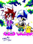  angry chibi child ookido_shigeru pikachu poke_ball pokeball pokemon satoshi_(pokemon) smile 